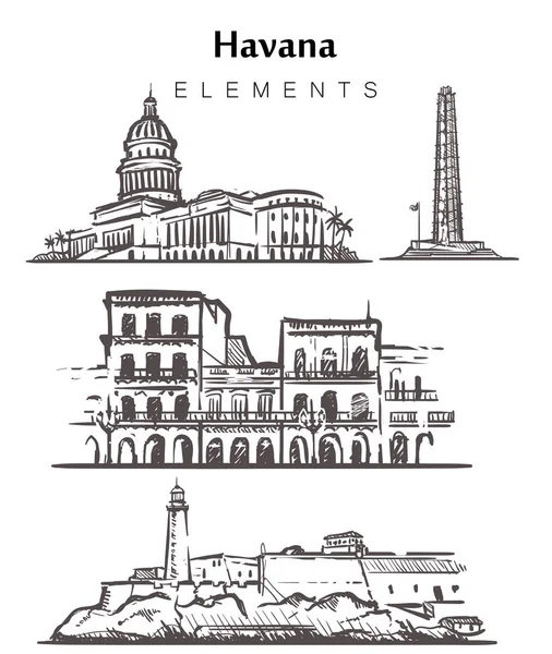 Set Hand Drawn Havana Buildings Havana Elements Sketch Vector Illustration — Stock Vector