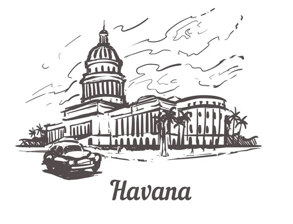 Havana elle çizilmiş kroki vektör çizim. Beyaz arka plan üzerinde beyaz arka planda göl kenarında izole Havana Capitol,.