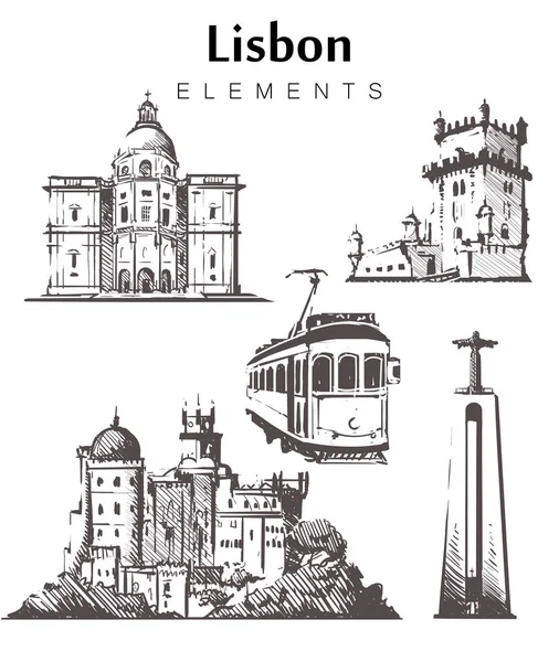 Conjunto Edificios Lisboa Dibujados Mano Elementos Lisboa Dibujo Vector Ilustración — Vector de stock