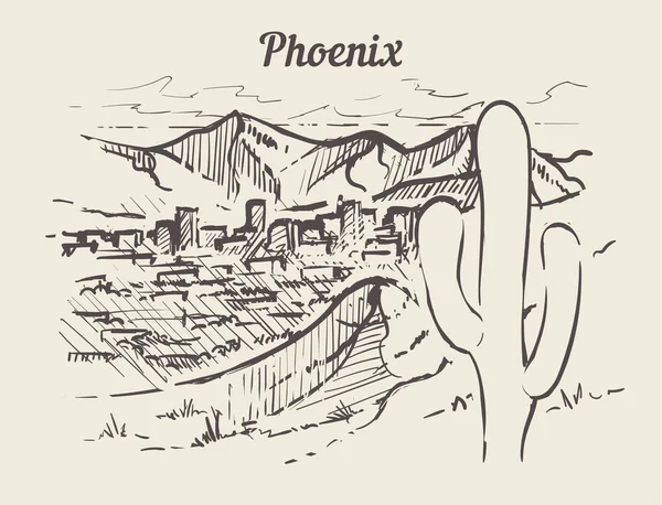 Phoenix Στον Ορίζοντα Χέρι Φοίνιξ Σκίτσο Στυλ Εικονογράφηση Διάνυσμα Απομονωμένη — Διανυσματικό Αρχείο