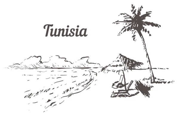 チュニジアのスカイラインの手描き チュニジア パームビーチ スケッチ スタイル ベクトル イラスト 白い背景に分離 — ストックベクタ