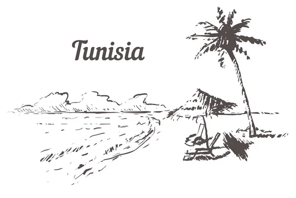 Tunisia Skyline Hand Drawn Tunisia Palm Beach Skizze Style Vektor — Stockvektor