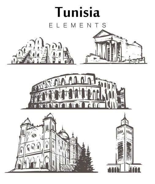 Reihe Handgezeichneter Thunfisch Gebäude Tunisia Elements Skizzieren Vektorillustration Amphitheatre Jem — Stockvektor