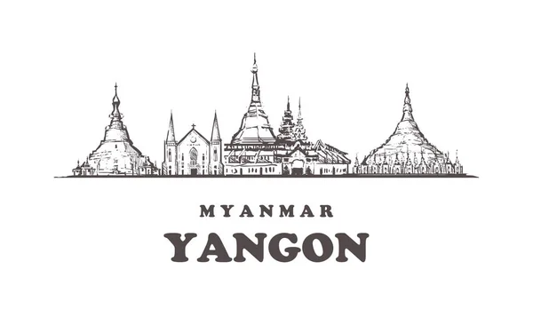 Yangon Manzarası Yangon Vintage Vektör Çizim Çekilmiş Binalar Beyaz Arka — Stok Vektör