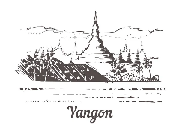 Yangon Skyline Hand Drawn Shwedagon Pagode Yangon Skizze Stil Vektor — Stockvektor