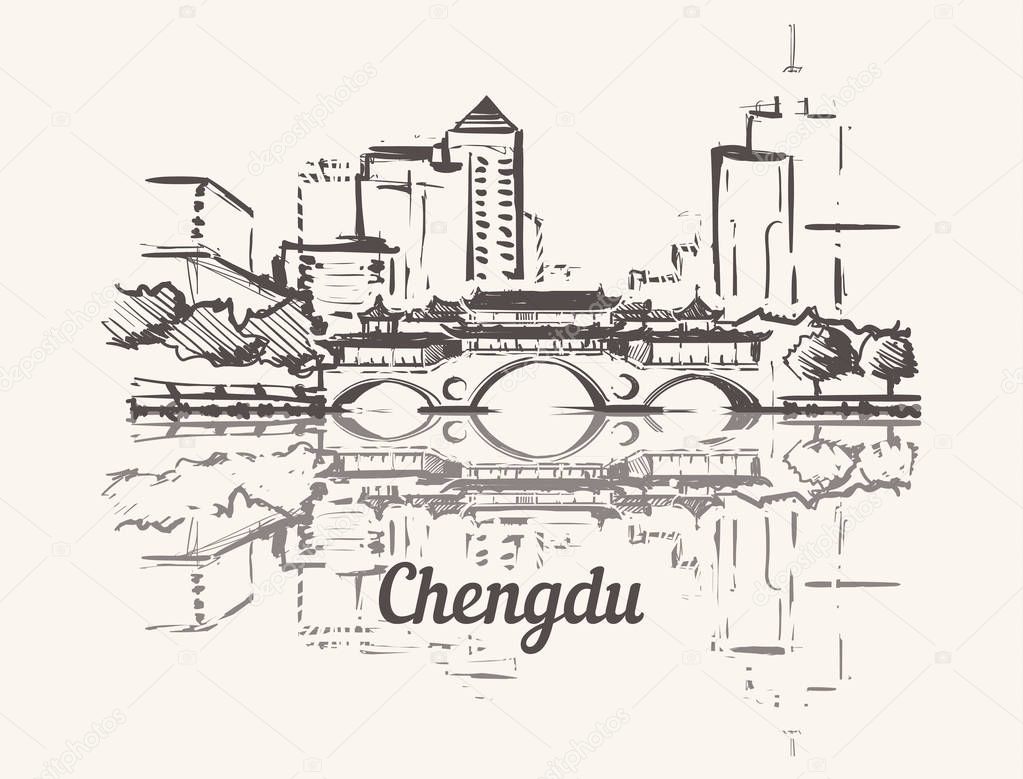 Chengdu skyline hand drawn.Anshun Bridge Dongmen Chengdu sketch style vector illustration.