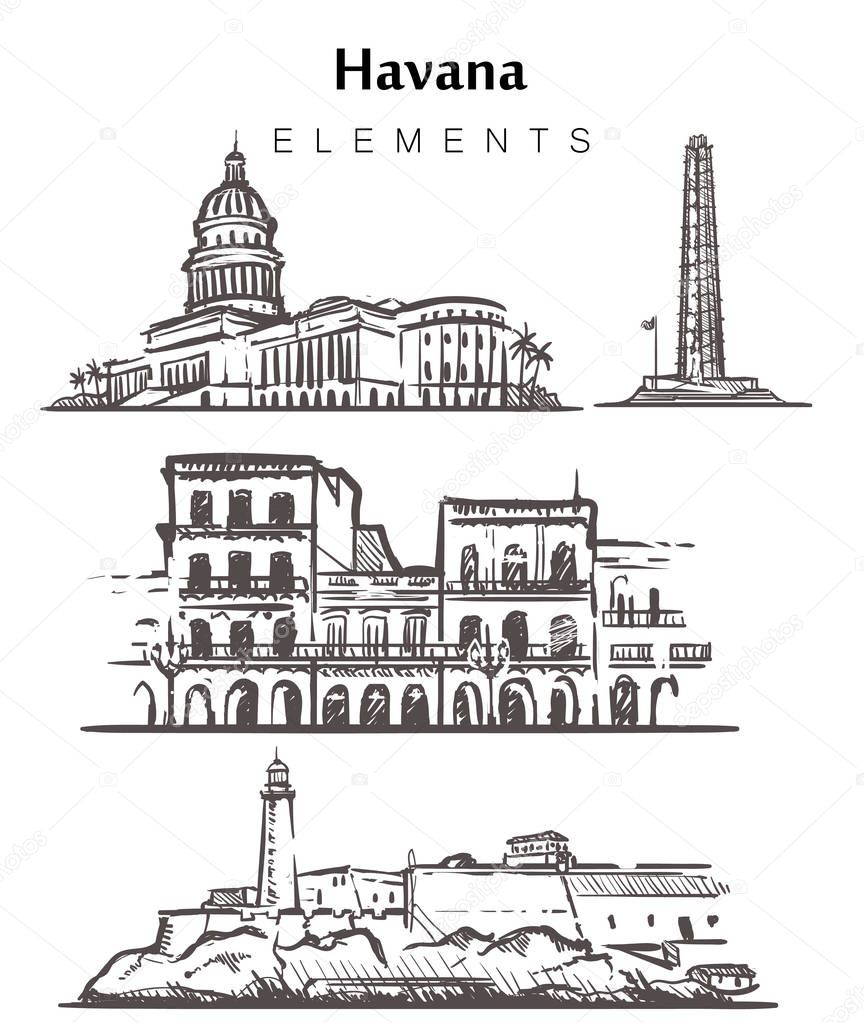 Set of hand-drawn Havana buildings.Havana elements sketch vector illustration. La Cabanya,Capitol,Jose Memorial Marty, isolated on white background.