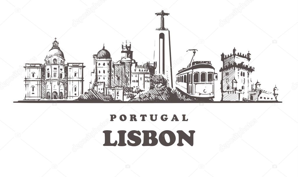 Lisbon sketch skyline,Portugal vintage vector illustration.Hand drawn Lisbon city,isolated on white background