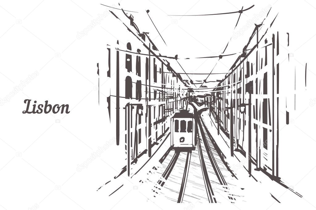 A sketch of the streets of Lisbon with the train tracks and tram.Isolated on white backgroudn.