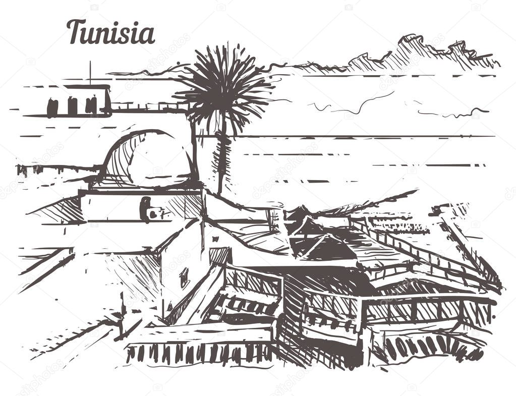 Tunisia skyline hand drawn. Tunisia sketch style vector illustration.Isolated on white background.