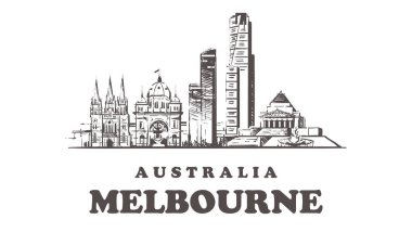 Melbourne kroki manzarası, Melbourne el çizilmiş vektör çizim binalar.