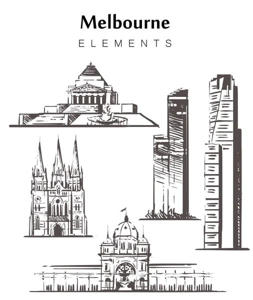 Set van handgetekende Melbourne gebouwen. Melbourne elementen schets vectorillustratie. — Stockvector