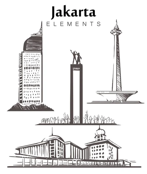 Conjunto de edifícios de Jacarta desenhados à mão. Elementos de Jacarta esboço ilustração vetorial . —  Vetores de Stock