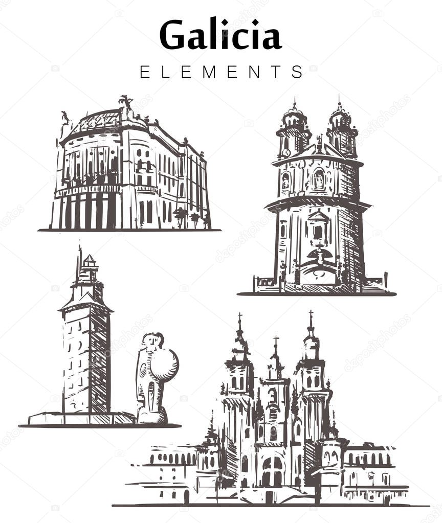 Set of hand-drawn Galicia buildings. Galicia elements sketch vector illustration.