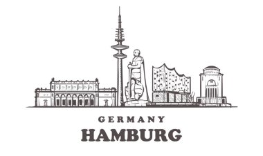 Hamburg kroki manzarası. Almanya Hamburg elle çizilmiş vektör çizim. Beyaz arka plan üzerinde izole.