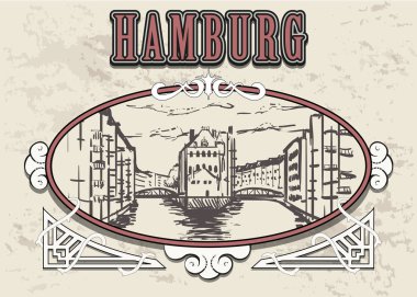 Hamburg Speicherstadt kroki. Hamburg el vintage vektör çizim çekilmiş. Beyaz arka plan üzerinde izole.