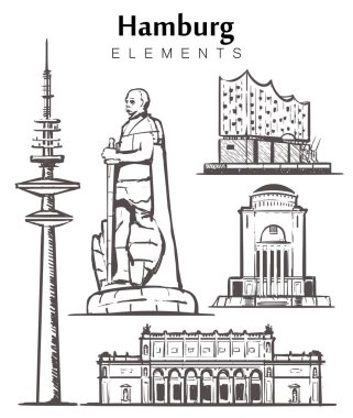 Çizilmiş Hamburg binalar öğeleri sketch vektör çizim ayarlayın. Kule Elbe Filarmoni Salonu, planetarium, anıt Otto von Bismarck, Kunsthalle, tv.