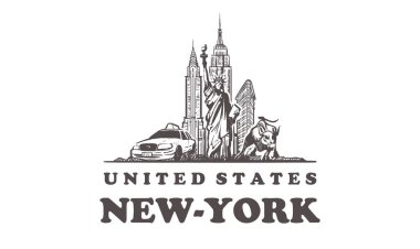 Yeni York kroki manzarası. Amerika Birleşik Devletleri, New-York elle çizilmiş vektör çizim. Beyaz arka plan üzerinde izole.