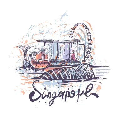 Çizim Singapur renk. Beyaz arka plan üzerinde izole Singapur sketch vektör çizim.