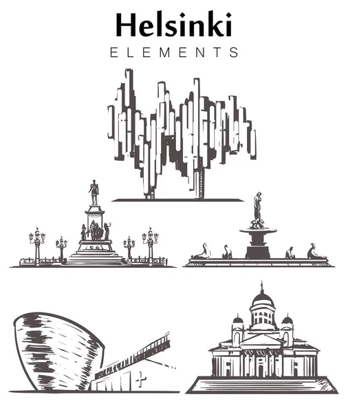 集合手绘汉堡大厦元素速写向量例证 西贝柳斯纪念碑 坎皮教堂的沉默 圣尼古拉斯大教堂 — 图库矢量图片