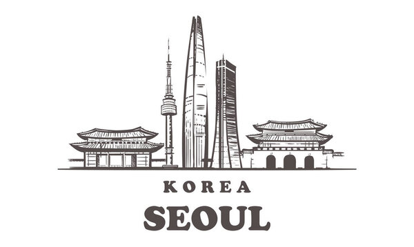 Seoul sketch skyline. Korea, Seoul hand drawn vector illustration. Isolated on white background.