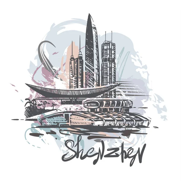 Shenzhen dessin couleur abstrait. Illustration vectorielle de croquis de Shenzhen — Image vectorielle