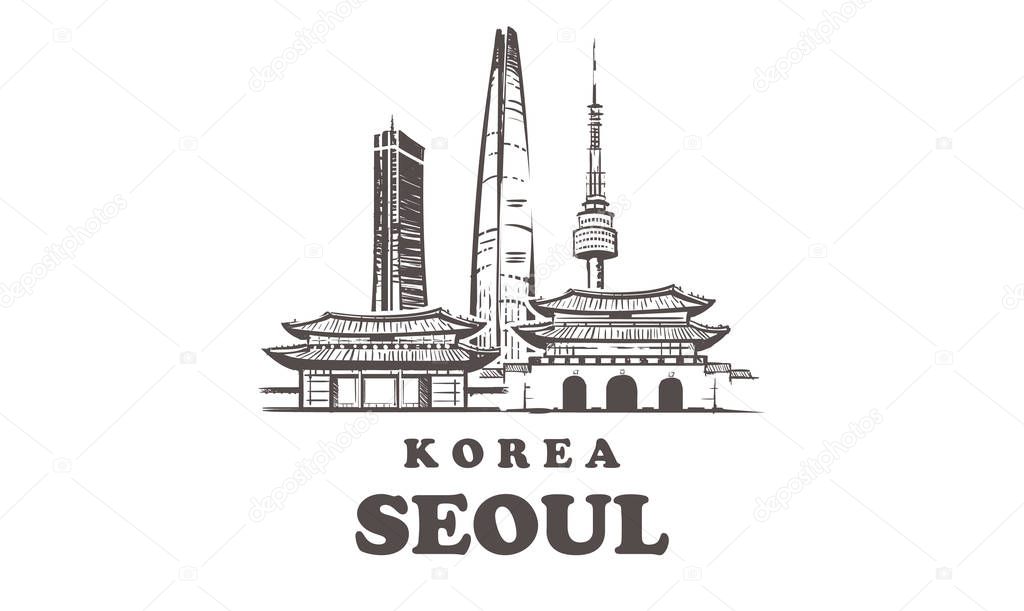 One line style Seoul skyline. Simple modern minimaistic style vector. Isolated on white background.