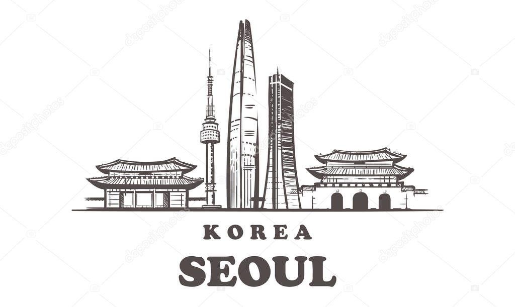 Seoul sketch skyline. Korea, Seoul hand drawn vector illustration. Isolated on white background.