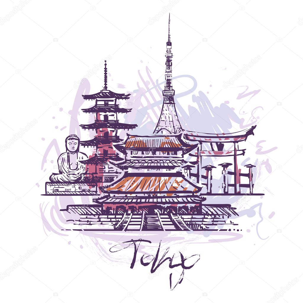 Tokyo abstract color drawing vector illustration isolated on white background.