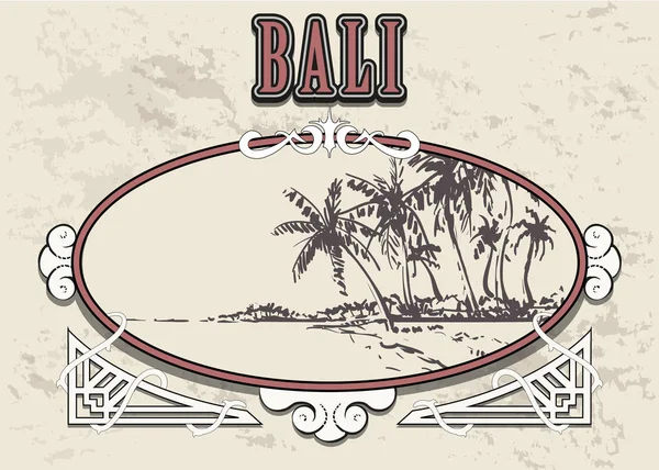 Beach Bali Pálmafákkal Kézzel Rajzolt Vázlat Bali Illusztráció Vintage Retro — Stock Vector