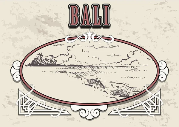 Beach Bali Pálmafákkal Kézzel Rajzolt Vázlat Bali Illusztráció Vintage Retro — Stock Vector