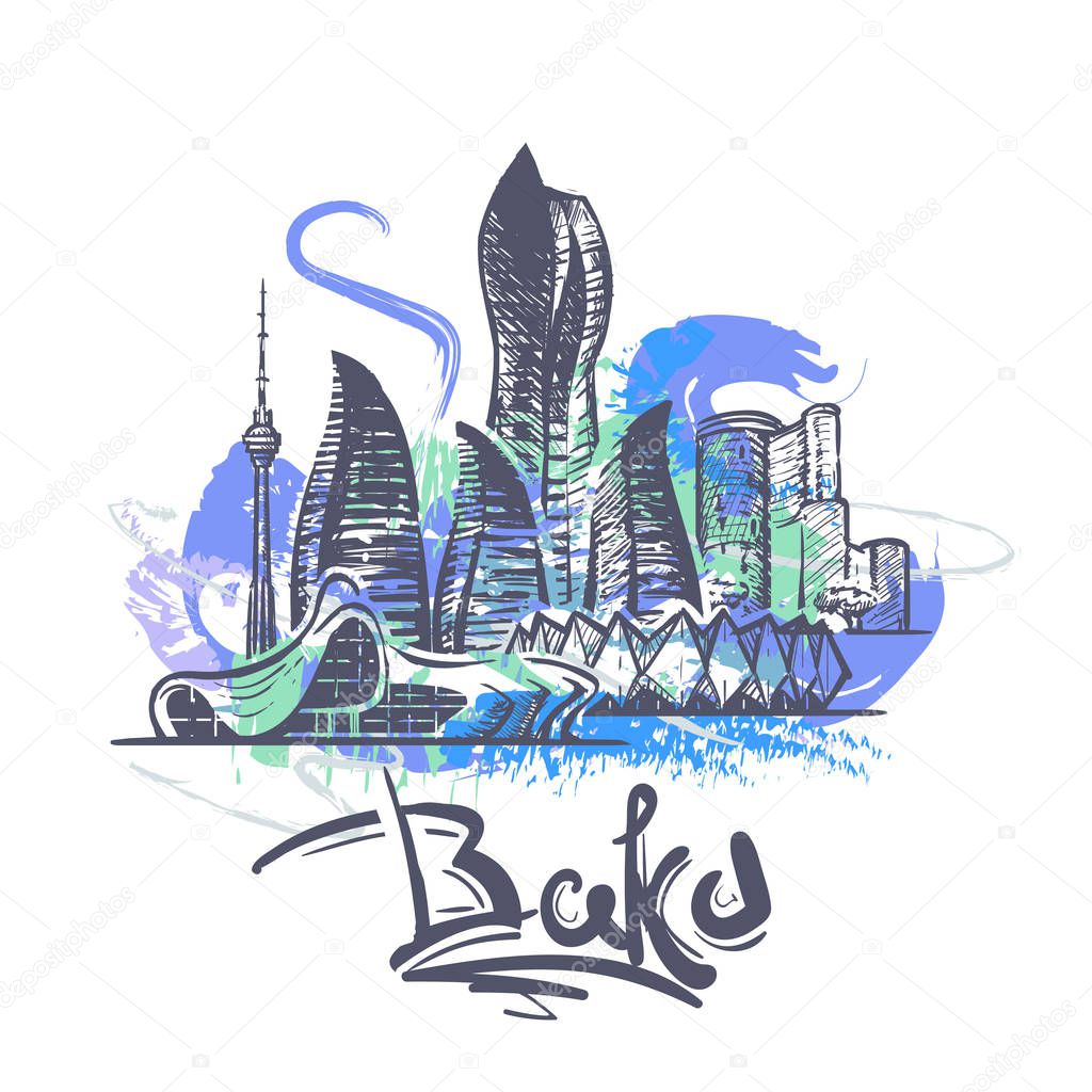 Baku abstract color drawing. Baku sketch vector illustration isolated on white background.