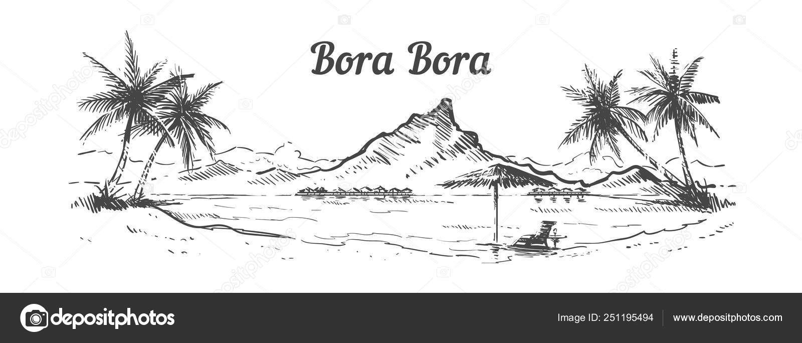 Palm Beach Bora Bora isla dibujado a mano, dibujo vector ilustración