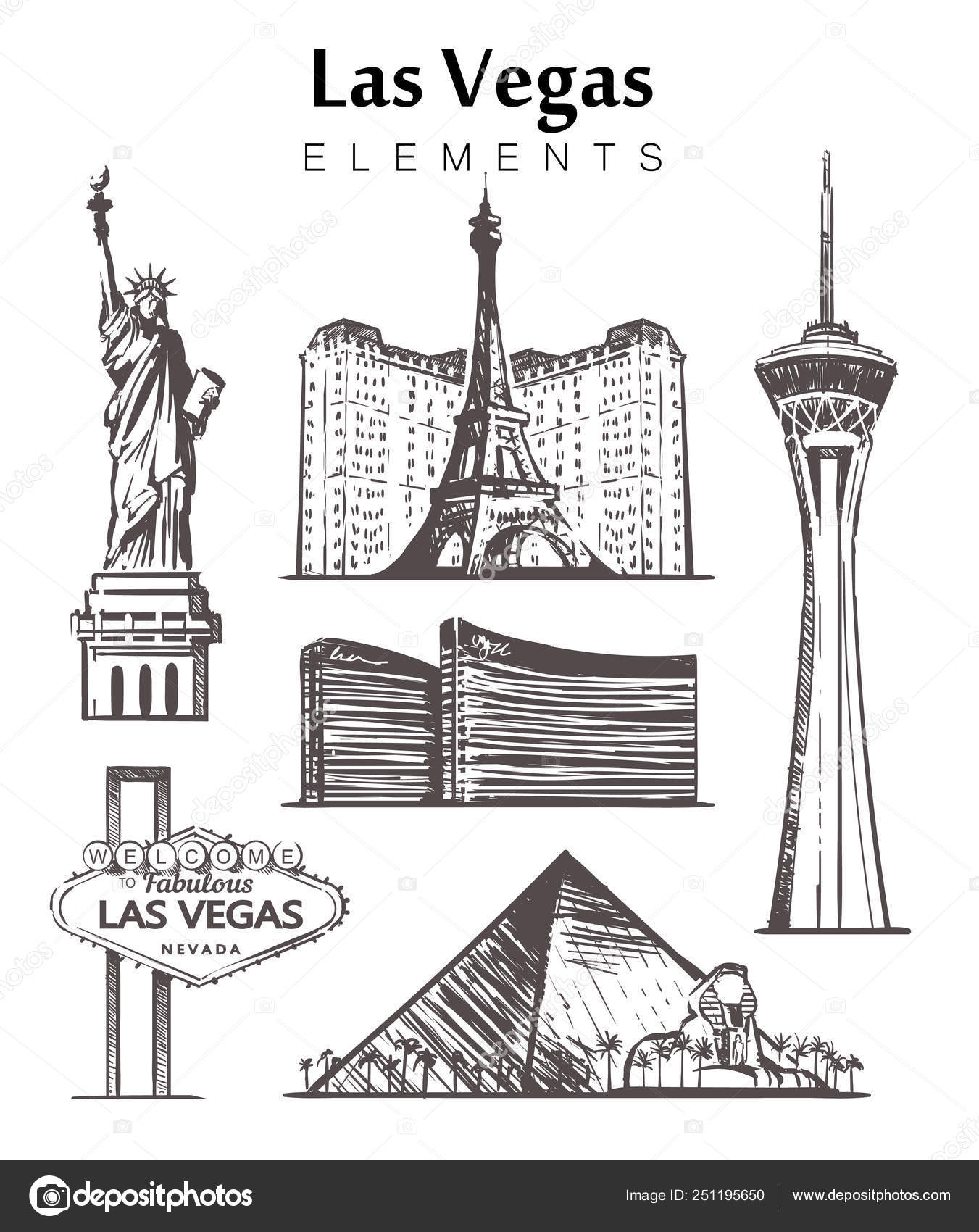 Set of hand-drawn Las Vegas buildings elements sketch vector illustration.  Stock Vector by ©nakonecodin 251195650