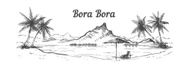 Palm Beach Bora Bora Adası elle çizilmiş, sketch vektör çizim