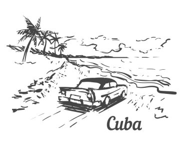Palm Beach Küba Adası elle çizilmiş. Küba sketch vektör çizim