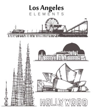Los Angeles binalar öğeleri sketch vektör çizim çizilmiş kümesi.