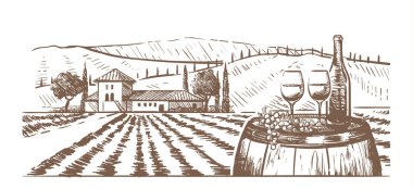 Çizilmiş kompozisyon, gözlük, bir şişe şarap ve üzüm bir Villa ile kırsal manzara karşı bir varil üzerinde