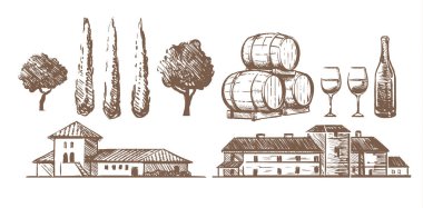 Şarap, Şarap fıçıları, gözlük, villalar inşa bir şişe öğeleri kümesi kroki.