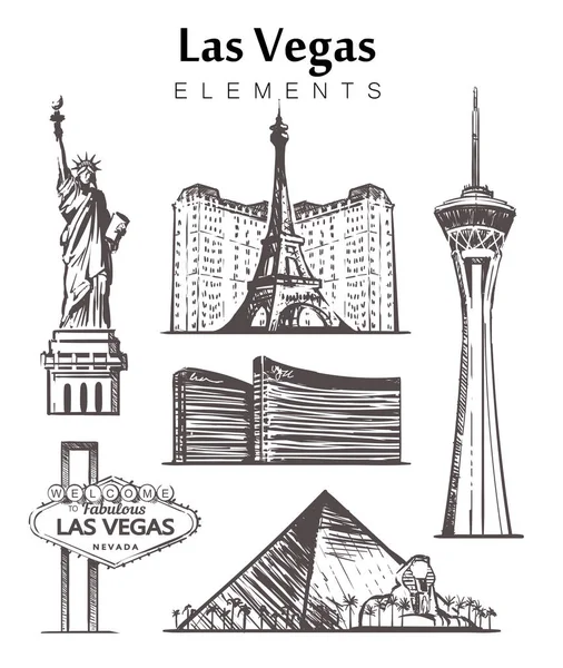 Conjunto de elementos de edifícios desenhados à mão Las Vegas esboço ilustração vetorial . — Vetor de Stock