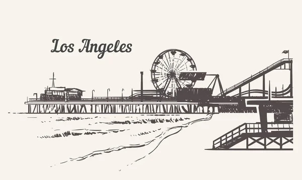 Plage de Santa Monica avec un croquis du parc d'attractions. Illustration vectorielle vintage dessinée à la main Los Angeles . — Image vectorielle