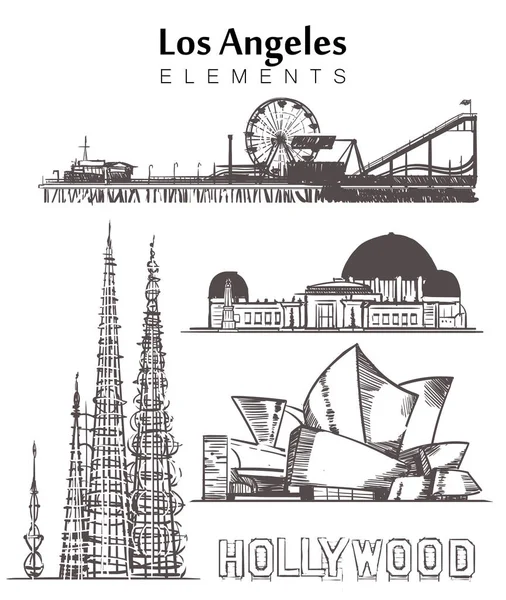 Set van hand-getrokken Los Angeles gebouwen elementen schets vector illustratie. — Stockvector