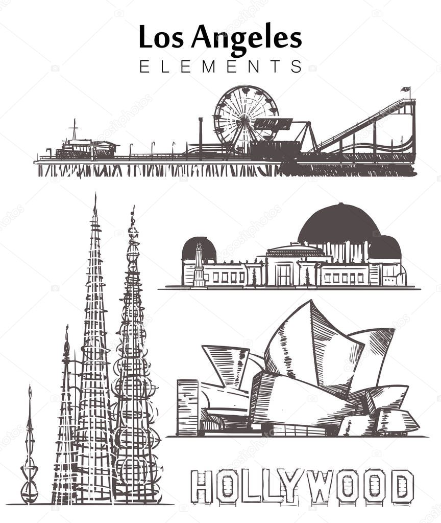 Set of hand-drawn Los Angeles buildings elements sketch vector illustration.