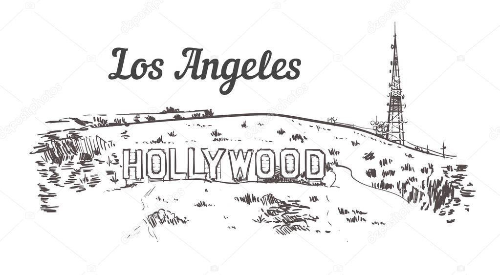 Mount Hollywood sketch. Los Angeles hand drawn vintage vector illustration.