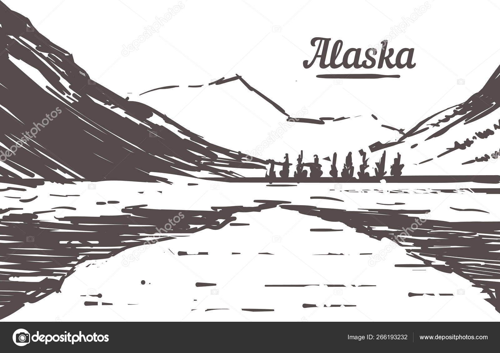 Alaska skyline drawn sketch. Alaska vector illustration Stock Vector