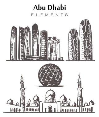 Elle çizilmiş Abu Dabi bina elemanları çizim vektör illüstrasyon seti.