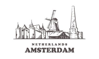 Amsterdam silüeti. Hollanda, Amsterdam el çizimvektör illüstrasyon.