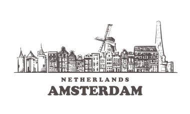 Amsterdam silüeti. Hollanda, Amsterdam el çizimvektör illüstrasyon.