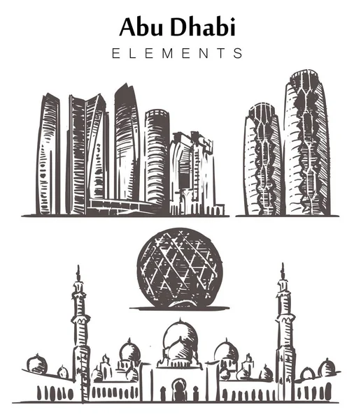 Σετ στοιχείων κτιρίων του Αμπού Ντάμπι που ζωγραφίσματος από το χέρι σκίτσο διανυσματική απεικόνιση. — Διανυσματικό Αρχείο