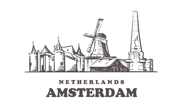 Amsterdam esquisse skyline. Pays-Bas, Amsterdam illustration vectorielle dessinée à la main . — Image vectorielle